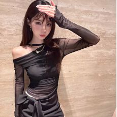批发-两件套#网纱上衣+<b class='q'>裹</b><b class='q'>胸</b>#性感露肩网纱透气长袖t恤衫上衣