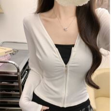 批发-春秋假两件长袖t恤衫开衫拉链显瘦透气设计感小众上衣