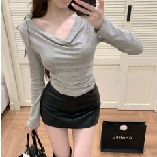 批发-韩系蝴蝶结露肩长袖t恤女新款早秋显瘦设计感一字肩上衣