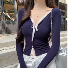 批发-黑色蕾丝假两件针织长袖t恤女秋季内搭修身拼接设计感上衣