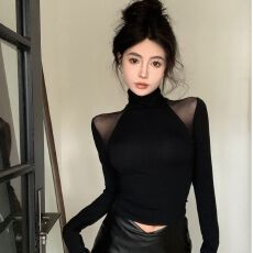 批发-辣妹黑色高领打底衫女秋冬长袖t恤外穿网纱内搭修身上衣