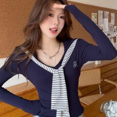 批发-条纹披肩海军领长袖t恤女秋装遮肉显瘦学院风巨好看上衣