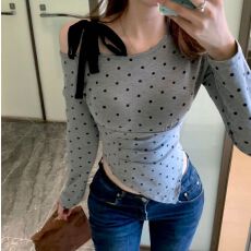 批发-韩系穿搭减龄绑带蝴蝶结上衣女设计感波点不规则长袖t恤