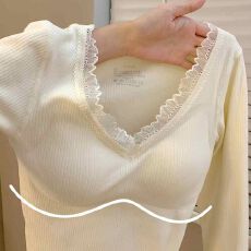 批发w50129##<b class='q'>蕾丝</b>花边v领保暖<b class='q'>打底衫</b>女秋冬修身纯欲辣妹带胸垫上衣