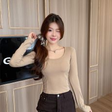 批发-内搭打底衫女士修身长袖t恤德绒磨毛加绒大U领t恤女带胸垫