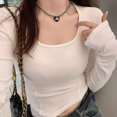 批发#打底衫女内搭春秋冬新款黑色圆领磨毛带胸垫修身t恤上衣