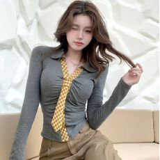 批发-拼接格子撞色打底衫女新款早秋韩系穿搭t恤设计感长袖上衣