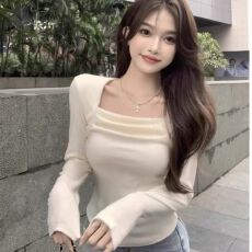 批发#小众设计感长袖t恤女磨毛德绒方领打底衫修身内搭上衣