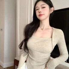 批发-气质方领长袖打底衫时尚不规则内搭T恤显瘦上衣女秋冬款