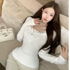 批发-设计感花边拼接V领长袖T恤女秋冬修身内搭紧身打底上衣
