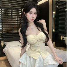 批发-甜美黑色一字肩蕾丝拼接纯欲抹胸开叉一体带胸垫背心上衣