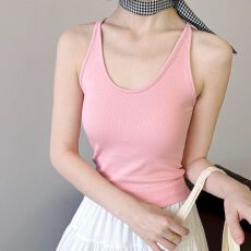 批发-法式简约修身短款背心女带胸垫内搭纯欲挂脖吊带无袖上衣
