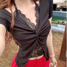 批发-辣妹假两件短袖<b class='q'>打底</b>衫女夏季韩系蕾丝穿搭t恤纯欲<b class='q'>上衣</b>