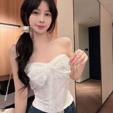批发-辣妹蕾丝挂脖蝴蝶结一字肩露背背心带胸垫修身显瘦上衣