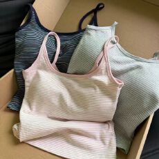 批发韩系休闲条纹文胸一体带胸垫吊带美背背心显瘦内搭抹胸上衣
