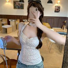 批发-纯欲风碎花文胸一体带胸垫背心吊带夏季减龄显瘦辣妹上衣