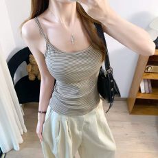 批发-美式辣妹带胸垫一体条纹背心吊带女外穿内搭无袖打底上衣