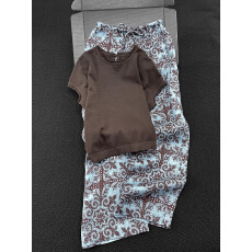 批发夏季减龄一整套穿搭轻奢高级感独特咖色t恤印花休闲裤两件套装<b class='q'>女</b>