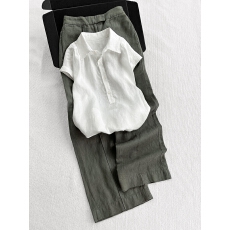 批发清冷松弛感穿搭时尚高级感白色棉麻亚麻短袖衬衫休闲<b class='q'>裤</b><b class='q'>套装</b>女夏季