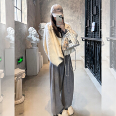 批发一整套ootd穿搭高级感慵懒韩系白色毛呢外套阔腿裤<b class='q'>休闲</b>套装女秋冬