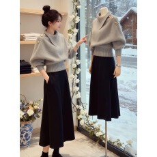 批发法式复古软糯宽松慵懒风高级感针织衫洋气减龄灰色翻领<b class='q'>毛衣</b>女冬季