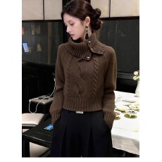 批发秋冬老钱风高领麻花针织<b class='q'>衫</b>女2025新款设计感灰色套头时尚气质毛衣