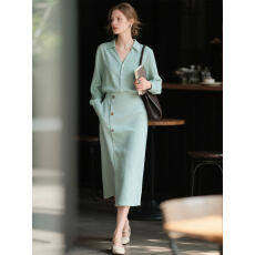 批发绿色天丝衬衫套装女2026年春季新款半身裙两件套轻职场通勤穿搭