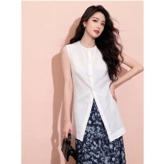 法式棉麻亚麻两面穿无袖衬衫女夏气质宽松开衫轻熟风半身裙套装