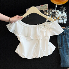 实拍2026夏季新款气质荷叶边可调节肩带短袖上衣