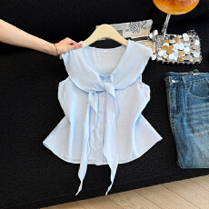 批发实拍2026夏季新款大翻领绑带无袖法式宽松通勤上衣