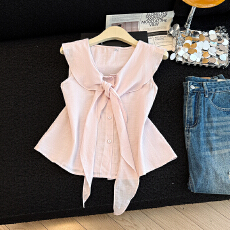 批发实拍2026夏季新款大翻领绑带无袖法式宽松通勤上衣