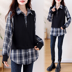 批发气质假两件上衣女新款妈妈洋气大码格子拼接衬衫领针织打底衫
