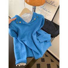 批发<b class='q'>两件套</b>蓝色v领长袖针织衫毛衣叠穿木耳边满印内搭打底衫女士上衣