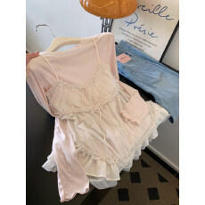 批发<b class='q'>两件套</b>粉色套头长袖针织衫毛衣女士叠穿吊带背心设计感上衣小个子