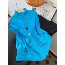 批发蓝色宽松木耳边设计感长袖衬衫女上衣小个子2026新款超火减龄衬衣