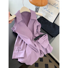 批发紫色露肩翻领设计感长袖衬衫<b class='q'>女</b>士上衣小个子2026<b class='q'>新款</b>超火减龄衬衣