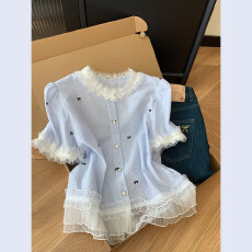 批发韩系温柔风减龄蝴蝶结短袖衬衫女夏季时尚潮流拼接荷叶边上衣