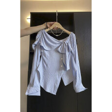 批发原创时尚春夏款蝴蝶结斜肩显瘦蓝条纹衬衫女