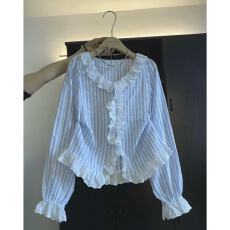 批发法式甜美风条纹荷叶边长袖衬衫女春季新款蕾丝拼接高级感<b class='q'>通勤</b>上衣