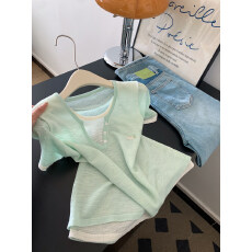 批发<b class='q'>假两件</b>绿色圆领针织短袖t恤女内搭可外穿短款正肩小上衣2026春夏