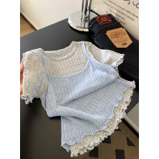 批发撞色<b class='q'>假两件</b>短袖t恤女夏季2026新款设计感小众木耳边冰丝针织上衣