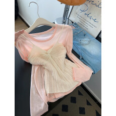 批发两件套短款长袖针织衫毛衣叠穿淡绿色吊带女2026春可外穿内搭上衣