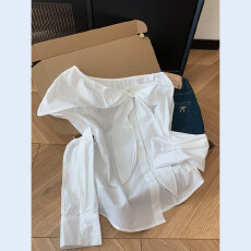 批发白色蝴蝶结绑带衬衫女士不规则衬衣斜肩设计感小众上衣2026新款