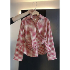 批发韩版拼接花边斜襟套头复古格子衬衫2026新款百搭时尚女装春夏