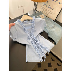 批发假两件蓝色木耳边针织短袖t恤女内搭可外穿短款正肩小<b class='q'>上衣</b>2026夏