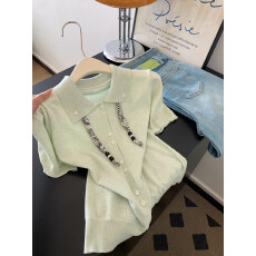 批发绿色翻领双扣设计感短袖t恤女内搭可外穿短款正肩小<b class='q'>上衣</b>2026春夏