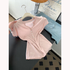 批发粉色圆领设计感针织短袖t恤女内搭可外穿短款正肩小<b class='q'>上衣</b>2026春夏