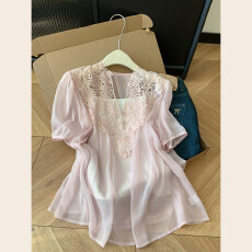 批发超火穿搭蕾丝拼接短袖雪纺衬衫女士夏季2026<b class='q'>新款</b>夏装衬衣女巨好看