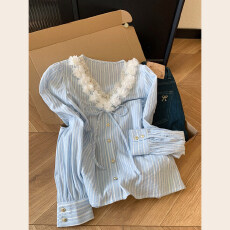 批发蓝色立体花朵拼接短袖衬衫女内搭可外穿条纹正肩小<b class='q'>上衣</b>2026春