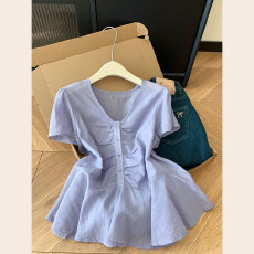 批发紫色v领正肩短袖衬衫气质女士法式短款设计感上衣2025新款小衫夏